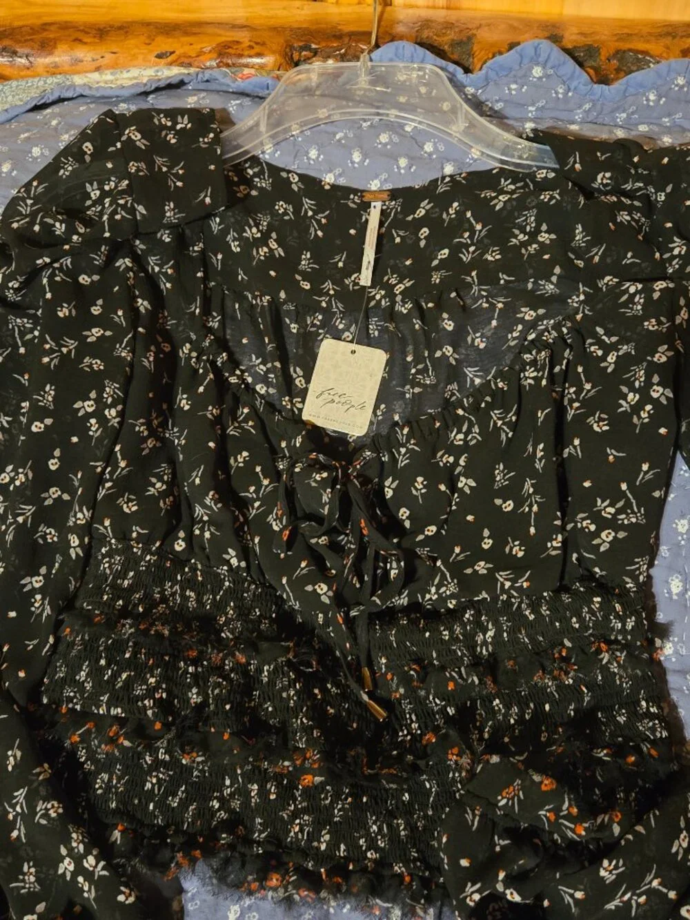 Free People Lolita Floral Smocked Top Black L NWT